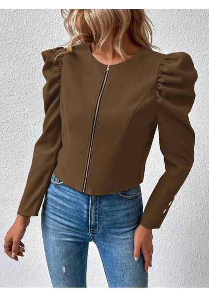 Kadın Uzun Kollu Önden Fermuarlı Balon Kol Süet Ceket modelleri