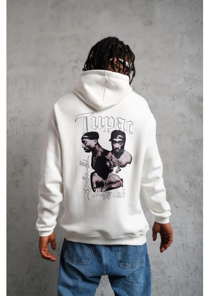 Erkek Oversize Üç Iplik Kapüşonlu Sweat – Kol ve Etek Ribana Detaylı, Ön ve Sırt Baskılı