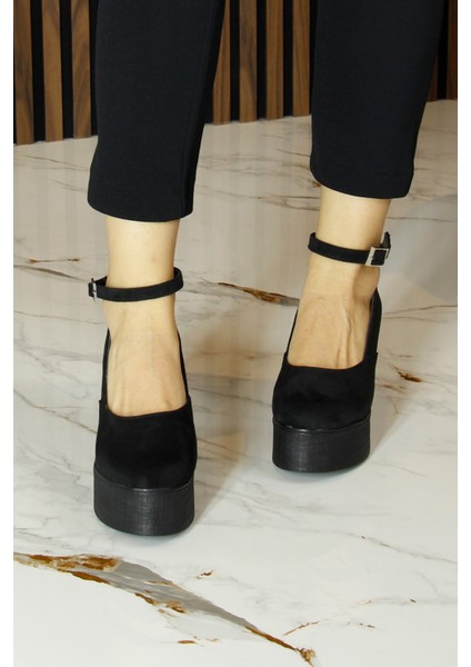 Tushar Siyah Süet Yuvarlak Burun Bantlı Gizli Dolgu Topuklu Günlük Ayakkabı