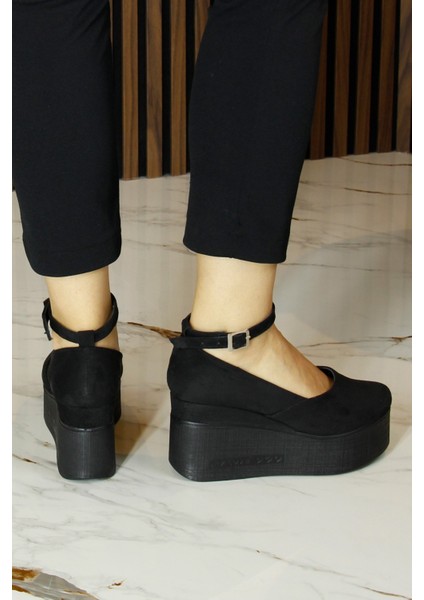 Tushar Siyah Süet Yuvarlak Burun Bantlı Gizli Dolgu Topuklu Günlük Ayakkabı