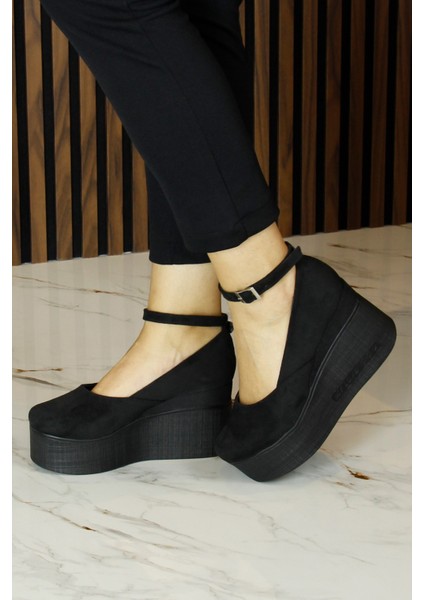 Tushar Siyah Süet Yuvarlak Burun Bantlı Gizli Dolgu Topuklu Günlük Ayakkabı