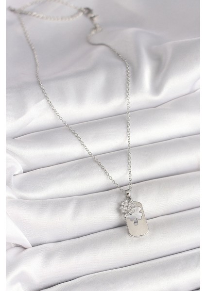 316L Çelik Gümüş Renk Zincir Zirkon Taşlı Yonca Model Kadın Kolye fiyatları