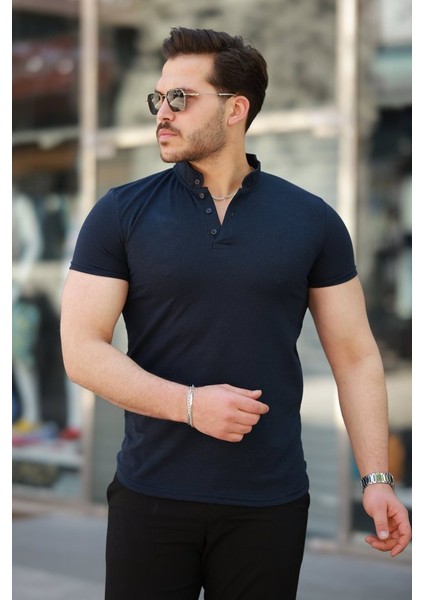 Erkek Hakim Yaka Dokuma Pamuklu Kumaş Kısa Kollu T-Shirt