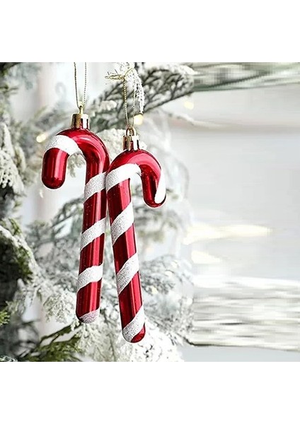 Vıp Yüksek Kalite 6 Adet Baston Süs 13 cm Parlak Simli Kırmızı Yılbaşı Ağacı Süsü Noel Ağacı Süsleri