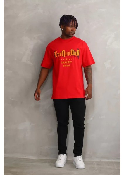 Unisex Baskılı Oversize T-Shirt - Kırmızı modelleri