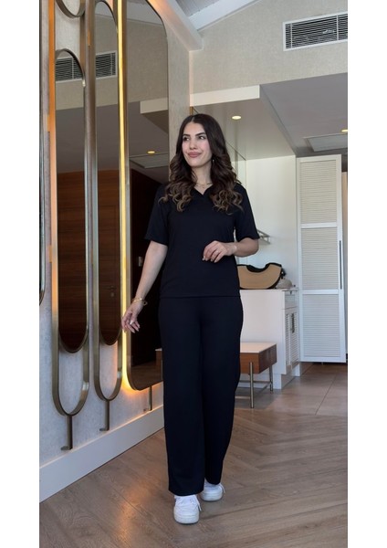 Kadın Kısa Kollu Yakalı Viskon Iki Iplik Bluz ve Pantolon Ikili Takım