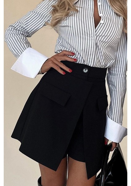 Kadın Yüksek Bel Düğmeli Asimetrik Kesim Cepli Kısa Ithal Krep Şort Etek