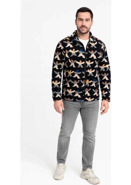 Erkek Tam Fermuarlı Desenli Polar Sweat – Siyah Multicolor Figür Desen Yakalı, Uzun Kollu, Over