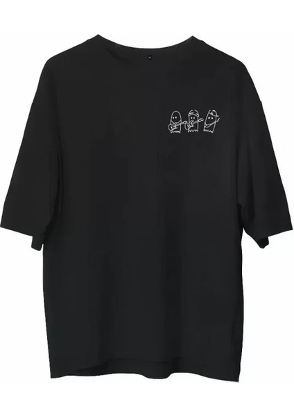 Unisex Bisiklet Yaka Baskılı Oversize T-Shirt - Siyah