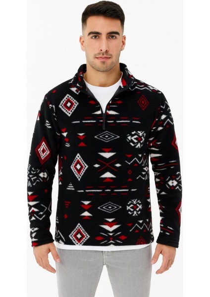 Erkek Yarım Fermuarlı Desenli Polar Sweat Tribal Etnik Desen Yakalı, Uzun Kollu, Oversize Rahat K