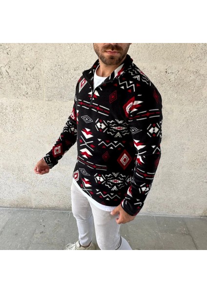 Erkek Yarım Fermuarlı Desenli Polar Sweat Tribal Etnik Desen Yakalı, Uzun Kollu, Oversize Rahat K fiyatları