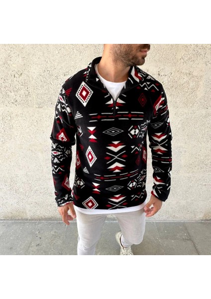 Erkek Yarım Fermuarlı Desenli Polar Sweat Tribal Etnik Desen Yakalı, Uzun Kollu, Oversize Rahat K modelleri