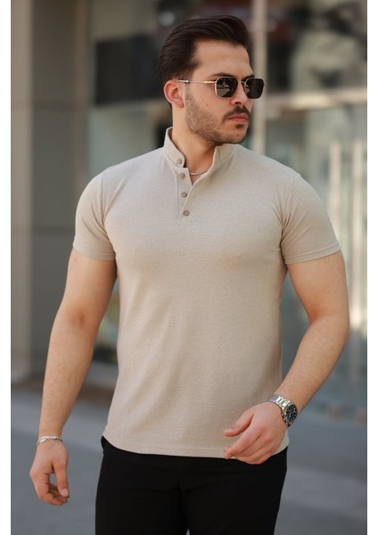 Erkek Hakim Yaka Dokuma Pamuklu Kumaş Kısa Kollu T-Shirt
