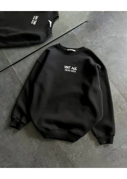 Bisiklet Yaka Üç Iplik Baskılı Oversize Sweatshirt - Siyah fiyatları