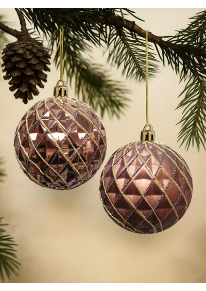 Yılbaşı Topu Altın Sim Detaylı Geometrik Çam Ağacı Süsü Bakır 10 cm 2'li