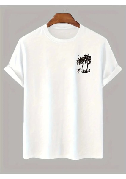 Baskılı Oversize Bisiklet Yaka T-Shirt - Beyaz