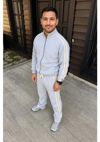 Erkek Çift Şeritli Eşofman Takım Dik Yaka Fermuarlı Sweatshirt Boru Paça Alt, Oversize 3 Iplik