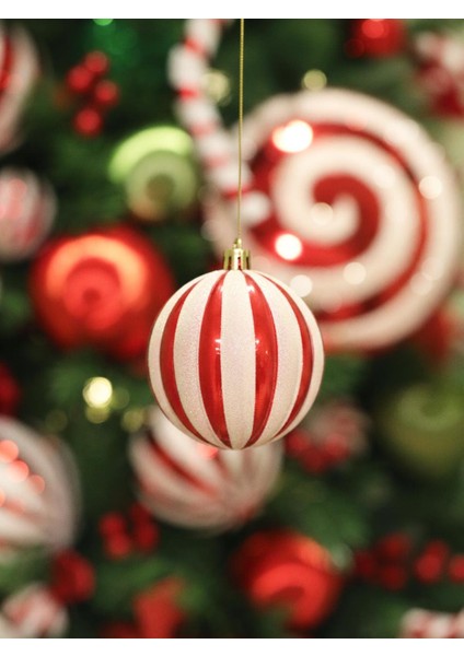 Yılbaşı Topu Dilim Desenli Dekoratif Çam Ağacı Süsü Kırmızı Beyaz 6 cm 6'lı Set