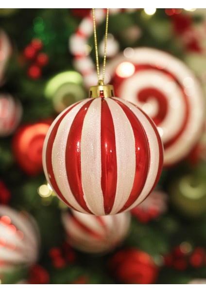 Yılbaşı Topu Dilim Desenli Dekoratif Çam Ağacı Süsü Kırmızı Beyaz 12 cm 4'lü Set