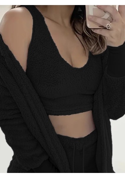 Kadın Uzun Kollu Ceket, Askılı Peluş Bluz ve Şort Üçlü Takım fiyatları