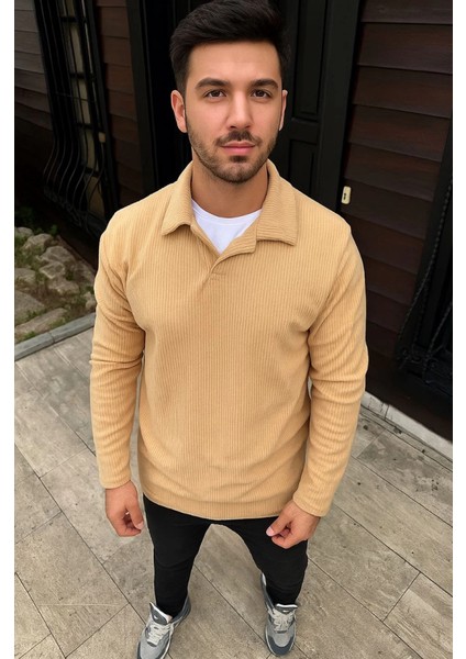 Erkek Fitilli Polar Sweatshirt – Düğmesiz Polo Yaka, Oversize Rahat Kalıp, Kalın Polar Kumaş,