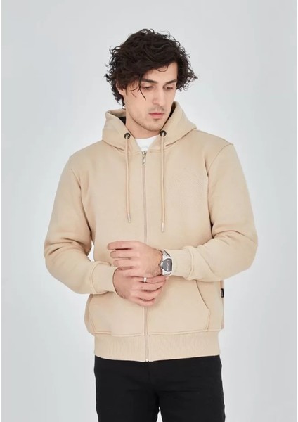 Unisex Tam Fermuarlı Kapşonlu Sweatshirt - Bej modelleri