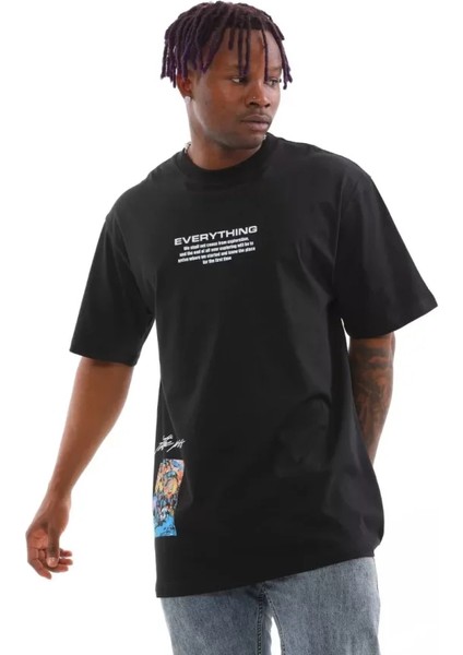 Unisex Bisiklet Yaka Baskılı Oversize T-Shirt - Siyah fiyatları
