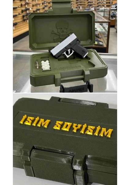 Askeri Silah Sandığı ve Mini Gümüş Glock Tabanca Anahtarlık Seti! Hediyelik, Kişiye Özel!