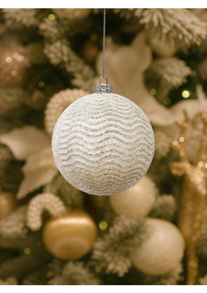 Yılbaşı Topu Simli Dalga Desenli Çam Ağacı Süsü Şampanya 10 cm 2'li