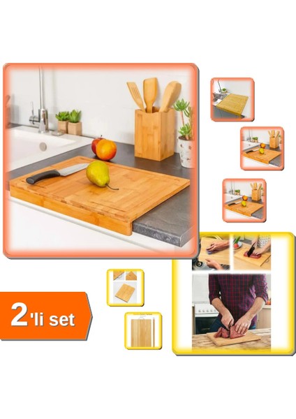 Ahşap Tezgah Üstü Kesme Tahtası Küçük Boy + Metal Saplı Bambu Kesim Panosu - 2li Set G5C3Y9