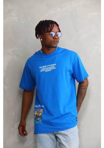Unisex Bisiklet Yaka Baskılı Oversize T-Shirt - Mavi modelleri