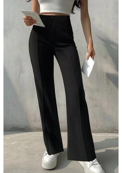 Kadın Yüksek Bel Nervurlu Ithal Krep Pantolon