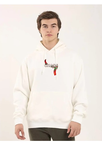 Unisex Baskılı Oversize Üç Iplik Kapüşonlu Sweatshirt - Beyaz
