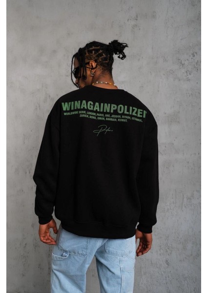 Erkek Oversize Sweatshirt – Siyah Renk Ön ve Sırt Baskılı, Üç Iplik Içi Pamuklu Kumaş, fiyatları