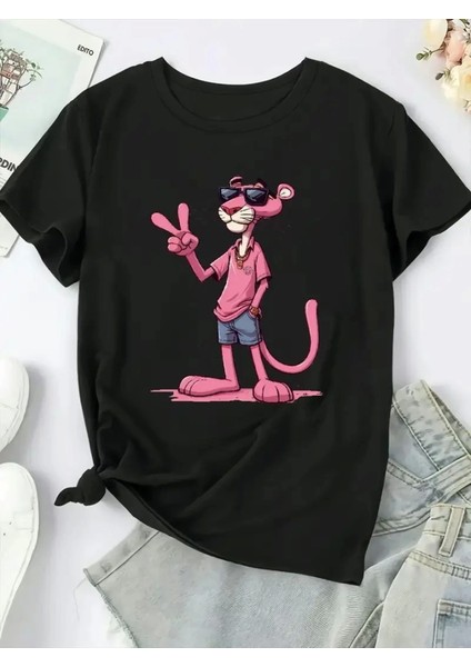 Pembe Panter Baskılı Oversize Bisiklet Yaka T-Shirt - Beyaz fiyatları