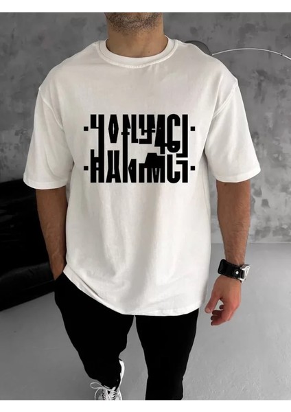 Unisex Bisiklet Yaka Katlanan Baskılı T-Shirt - Beyaz