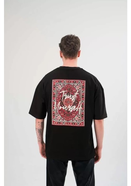 Unisex Bisiklet Yaka Baskılı Oversize T-Shirt - Siyah fiyatları