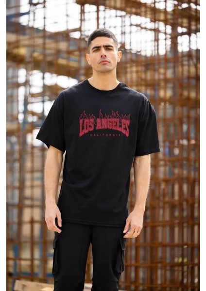 Unisex Bisiklet Yaka Baskılı Oversize T-Shirt - Siyah