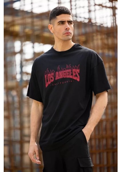 Unisex Bisiklet Yaka Baskılı Oversize T-Shirt - Siyah modelleri