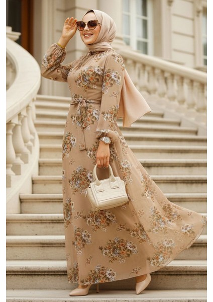 Çiçek Desenli Vizon Tesettür Elbise 279082V fırsatları