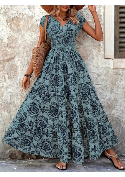 Kadın Kısa Kollu Kruvaze Yaka Beli Lastikli Süprem Maksi Boy Elbise fiyatları