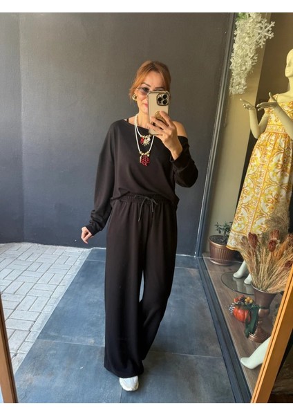 Kadın Uzun Kollu Tek Omuzdan Açık Viskon Iki Iplik Bluz ve Pantolon Ikili Takım modelleri