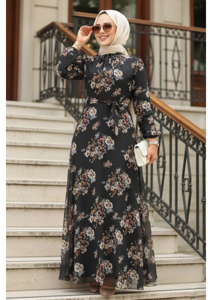 Çiçek Desenli Siyah Tesettür Elbise 279082S fırsatları
