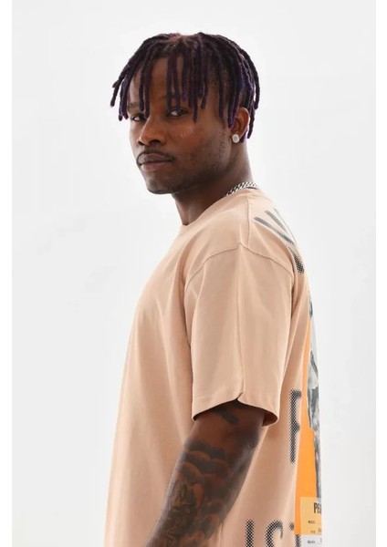 Unisex Baskılı Oversize T-Shirt - Bej fırsatları