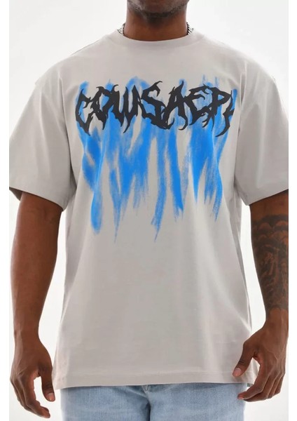 Unisex Baskılı Oversize T-Shirt - Gri