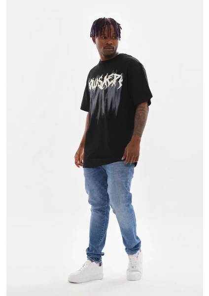 Unisex Baskılı Oversize T-Shirt - Siyah fırsatları