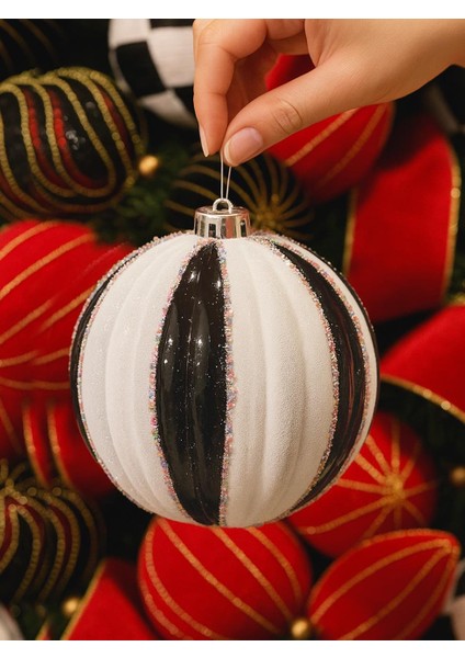 Yılbaşı Topu Siyah Beyaz Dilimli Renkli Simli Çam Ağacı Süsü Tekli 15 cm