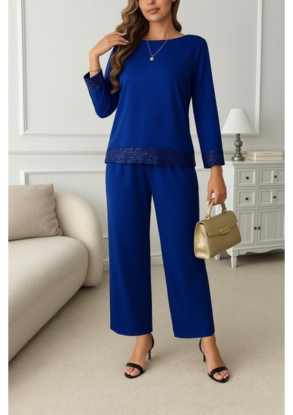 Kadın Uzun Kollu Bisiklet Yaka Pulpayetli Viskon Iki Iplik Bluz ve Pantolon Ikili Takım