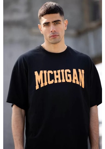 Unisex Bisiklet Yaka Baskılı Oversize T-Shirt - Siyah