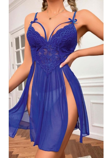 Kadın Saks Mavisi Fantezi Gecelik Tül Göğüs Dantel Dekolteli Fiyok Detaylı Yırtmaçlı 2106